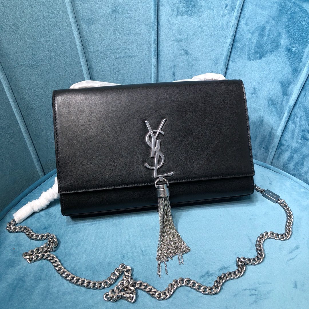 YSSL Kate Medium Chain Bag With Tassel In Grain De Poudre Black For Women 9in/24cm YSL 354119BOW0N1000
