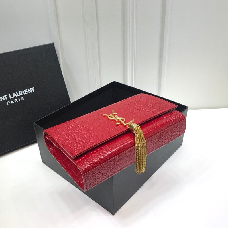Top Quality Kate MeTop Qualityum Chain Bag With Tassel In Embossed CrocoTop Qualityle Red For Women 9.4in/24cm YSL