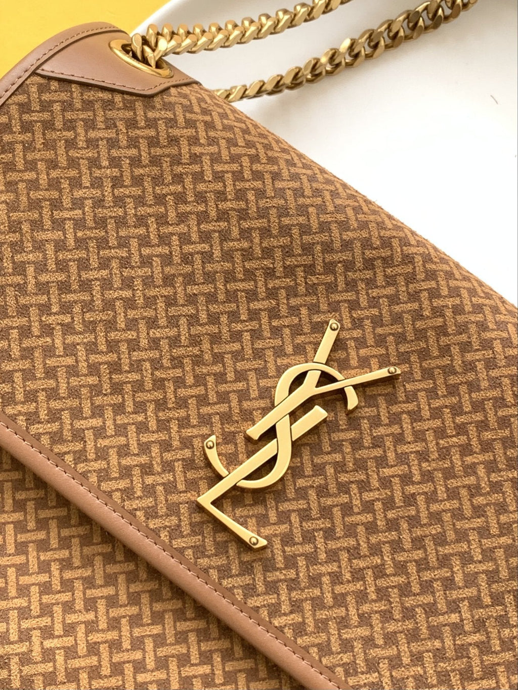 YSSL Niki Medium Chain Bag Brown In  Crinkled With Gold Toned Hardware For Women 11in/28cm YSL