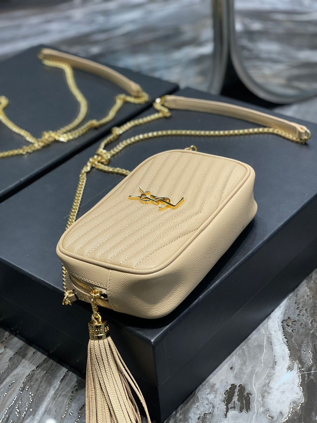 YSSL Lou Mini Bag Beige In Quilted Grain De Poudre With Gold Hardware For Women 7in/19cm YSl 6125791GF012721