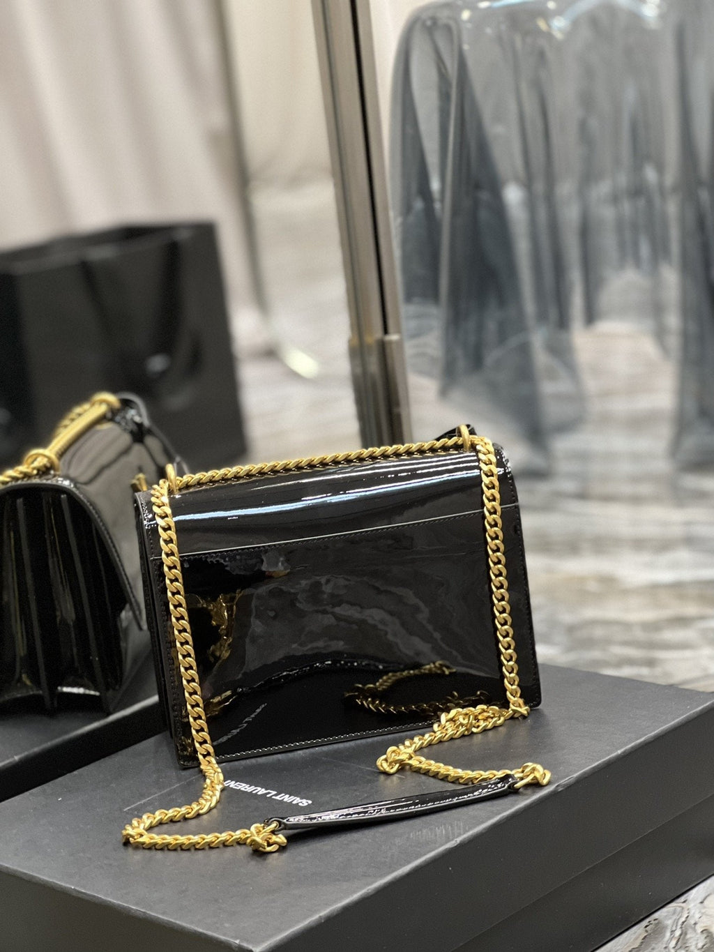 YSSL Sunset Medium Chain Bag For Women 8in/22cm Black YSL