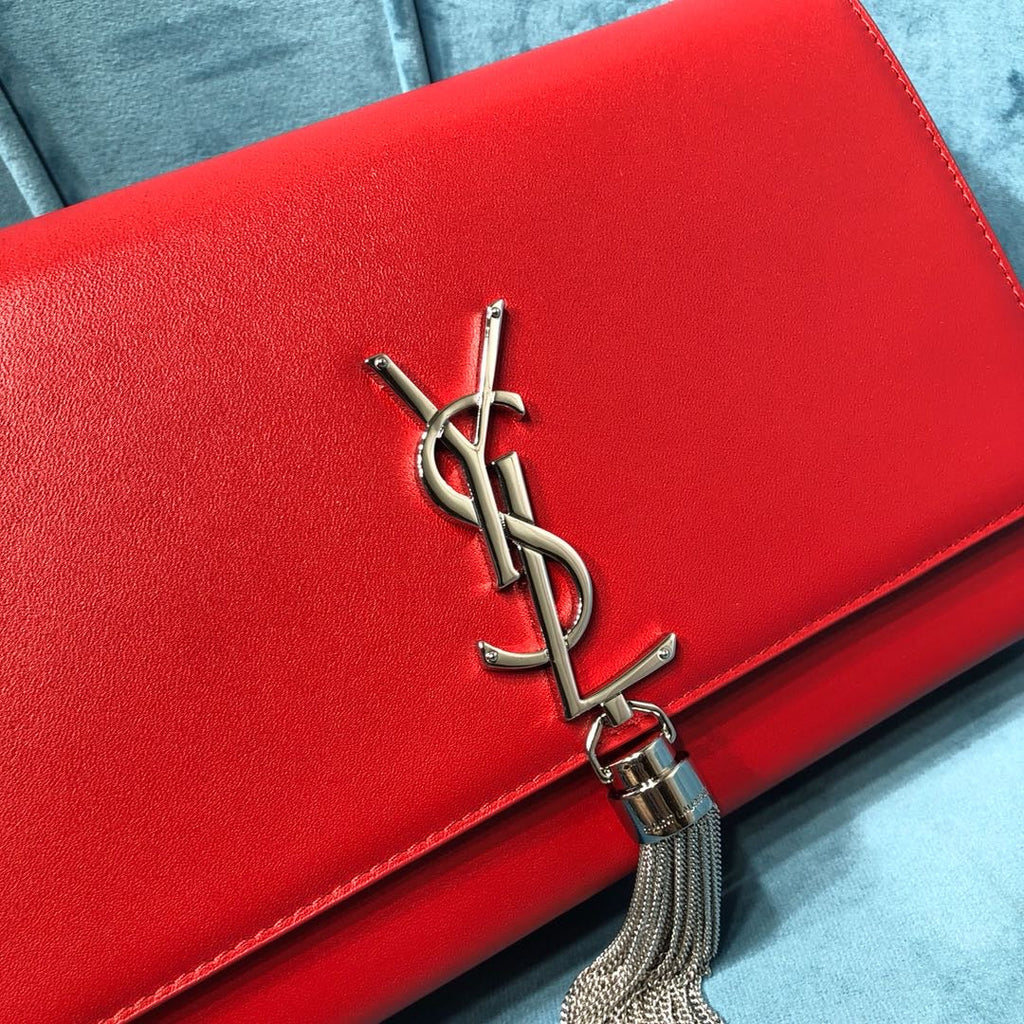 YSSL Kate Medium Chain Bag With Tassel In Grain De Poudre Red For Women 9in/24cm YSL