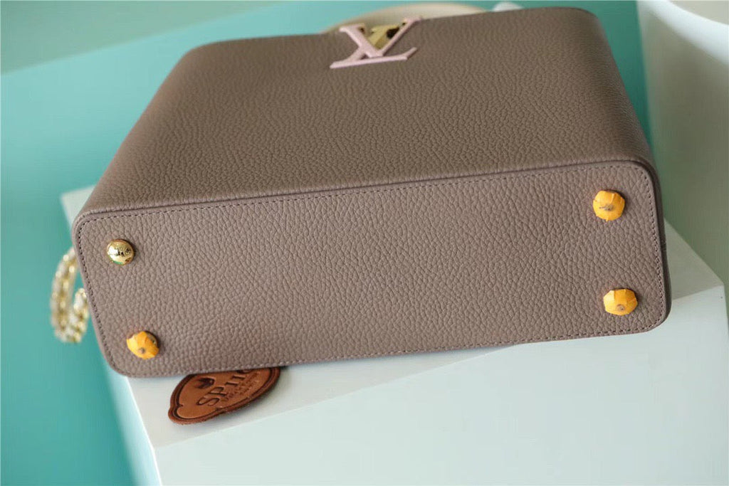 Louis Vuitton Capucines MM Taurillon Smokey Brown Green/ Creme/ Pink For Women, Women’s Bags, Shoulder And Crossbody Bags 12.4in/31.5cm Louis Vuitton M59516