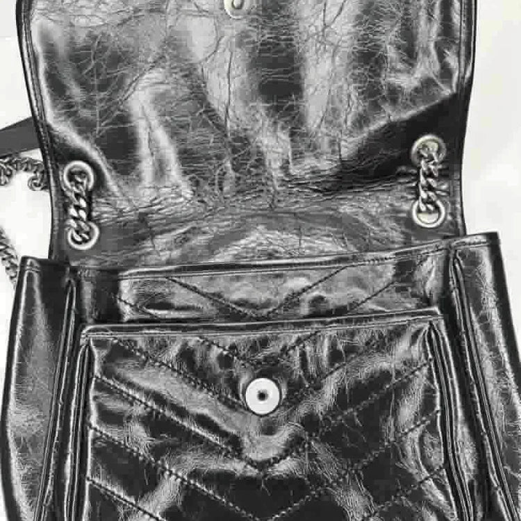 Ysl Crinkled Calfskin Matelasse Monogram Baby Niki Chain Satchel, Black Leather, MeDiorum