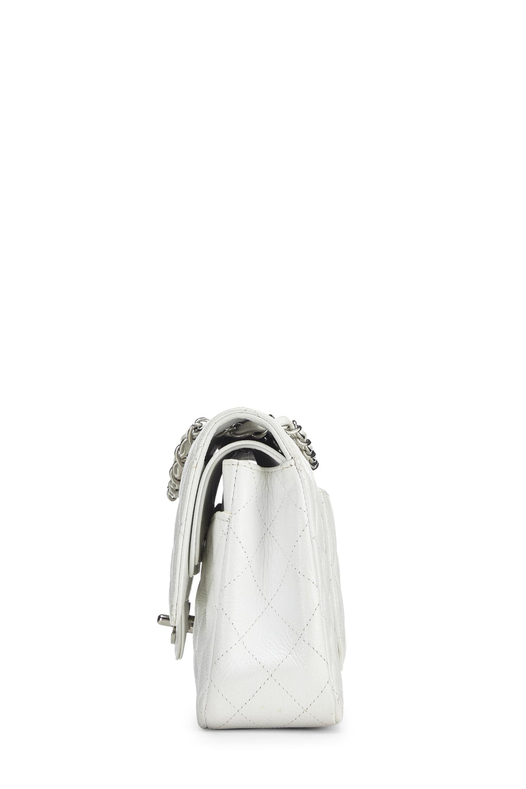 Chanel,  White Quilted Caviar Classic Double Flap Medium, White