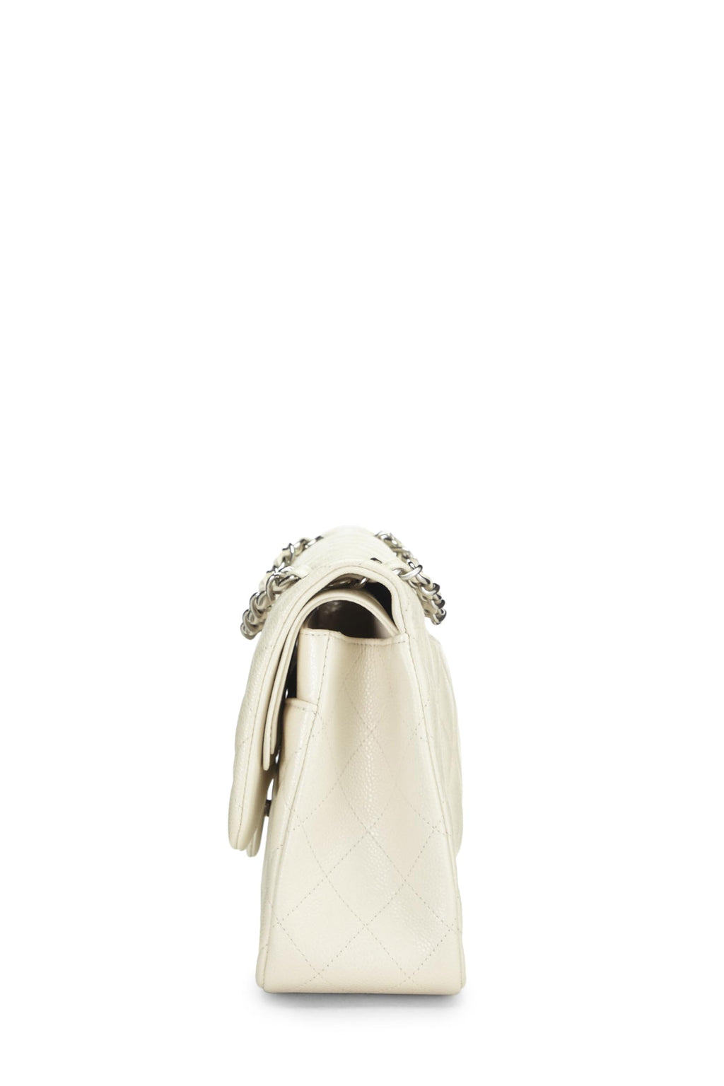 Chanel,  White Quilted Caviar New Classic Double Flap Jumbo, White