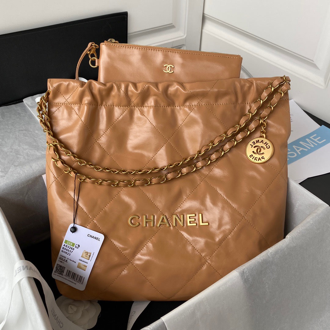 Chanel 22 Handbag Gold Hardware Shiny Camel For Women Handbags, Shoulder Bags 16.5in/38cm AS3261 B08037 NB356