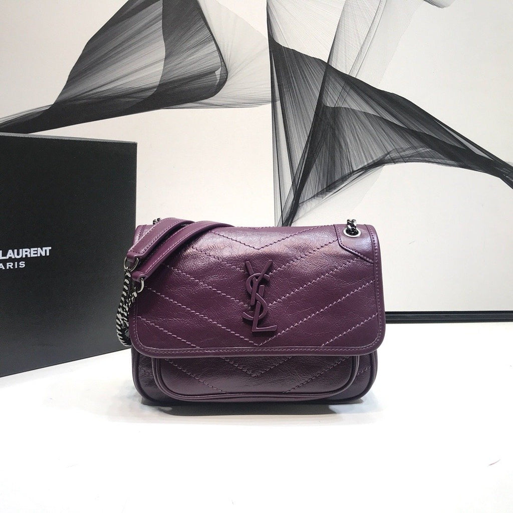 YSSL Niki Baby Chain Bag In Crinkled  Dark Violet For Women 8in/21cm YSL