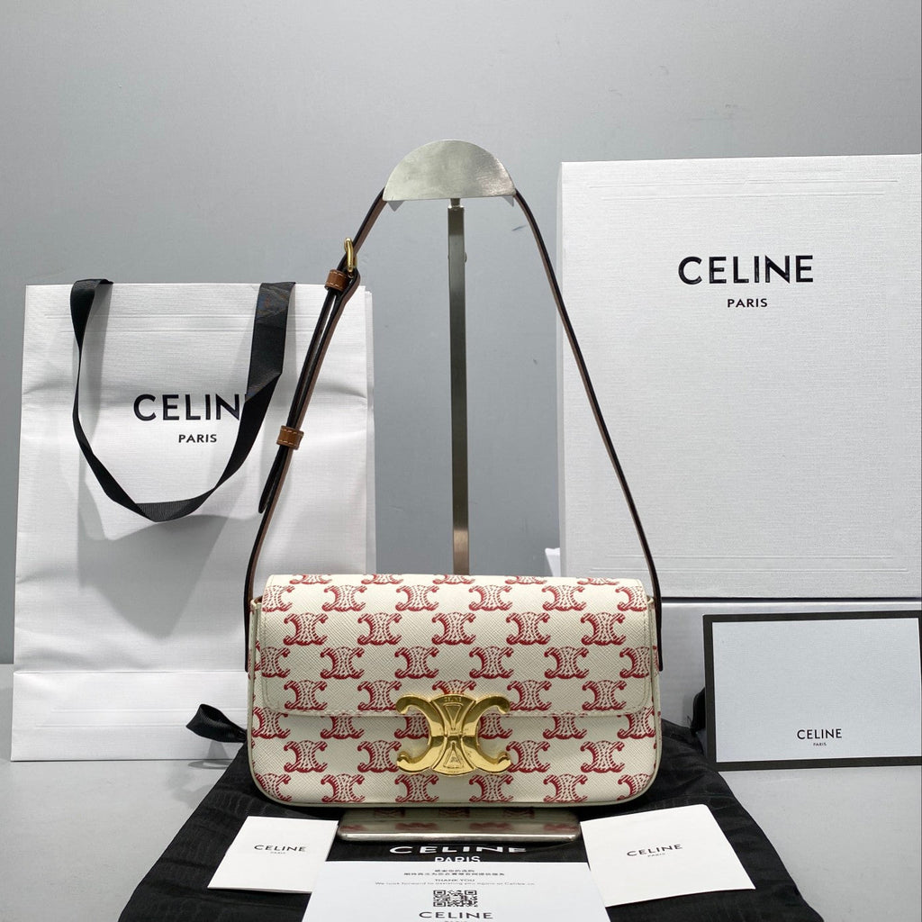 Celine Triomphe Shoulder Bag In Triomphe Canvas  Red For Women 8in/20cm 194142CUZ.27ED