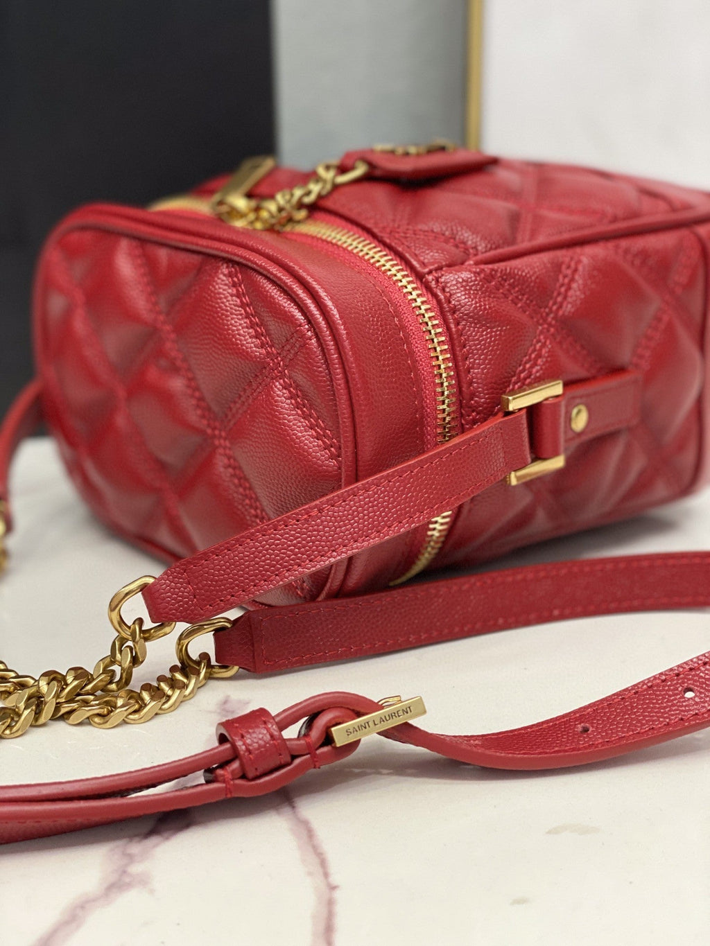 YSSL 80’s Vanity Bag In CarrÃ©-Quilted Grain De Poudre Red For Women 6in/16.5cm YSL 649779DME276805