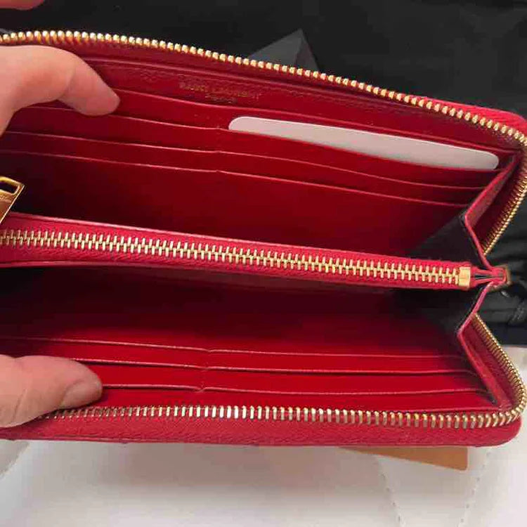 Ysl Classic Monogram Zip Around Matelasse Chevron Wallet, Red Leather
