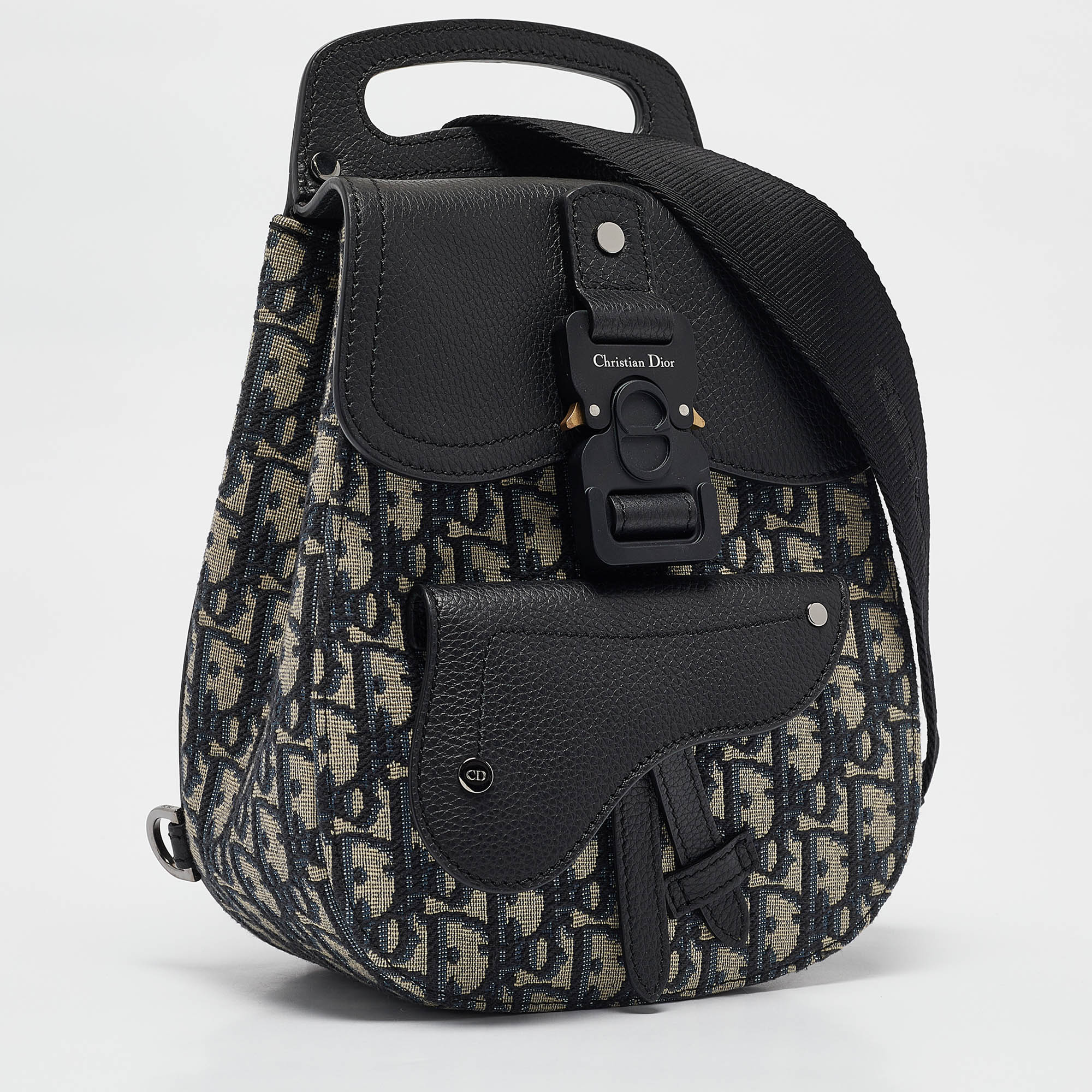 Dior Navy Blue Oblique Canvas And Leather Mini Saddle Backpack