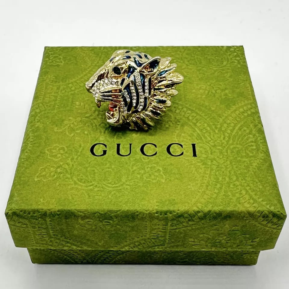 Gucci Women's Bronze Rajah Tiger Head Ring with Crystals