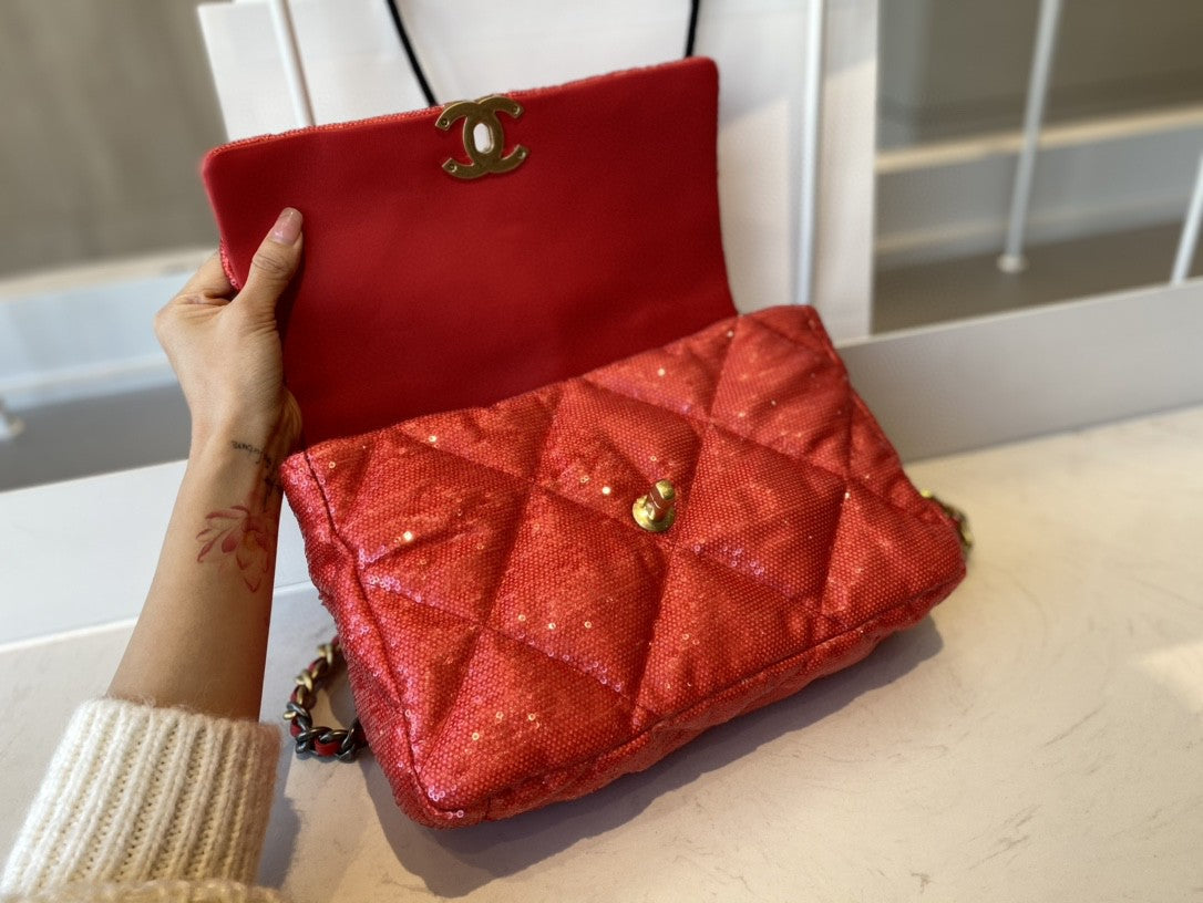 Chanel 19 Flap Bag Gold Hardware Red For Women, Women’s Handbags, Shoulder Bags 10.2in/26cm AS1160 