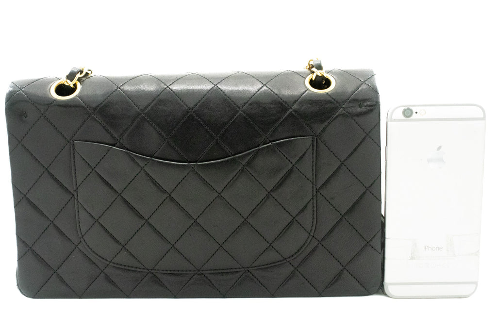 CHANEL Classic Double Flap 10" Chain Shoulder Bag Black Lambskin k46