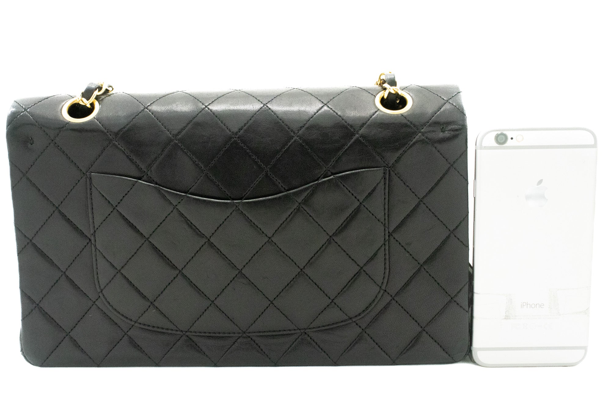 CHANEL Classic Double Flap 10" Chain Shoulder Bag Black Lambskin k46