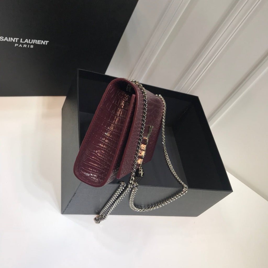 YSSL Kate Medium Chain Bag With Tassel In Embossed Crocodile Dark Violet For Women 9in/24cm YSL