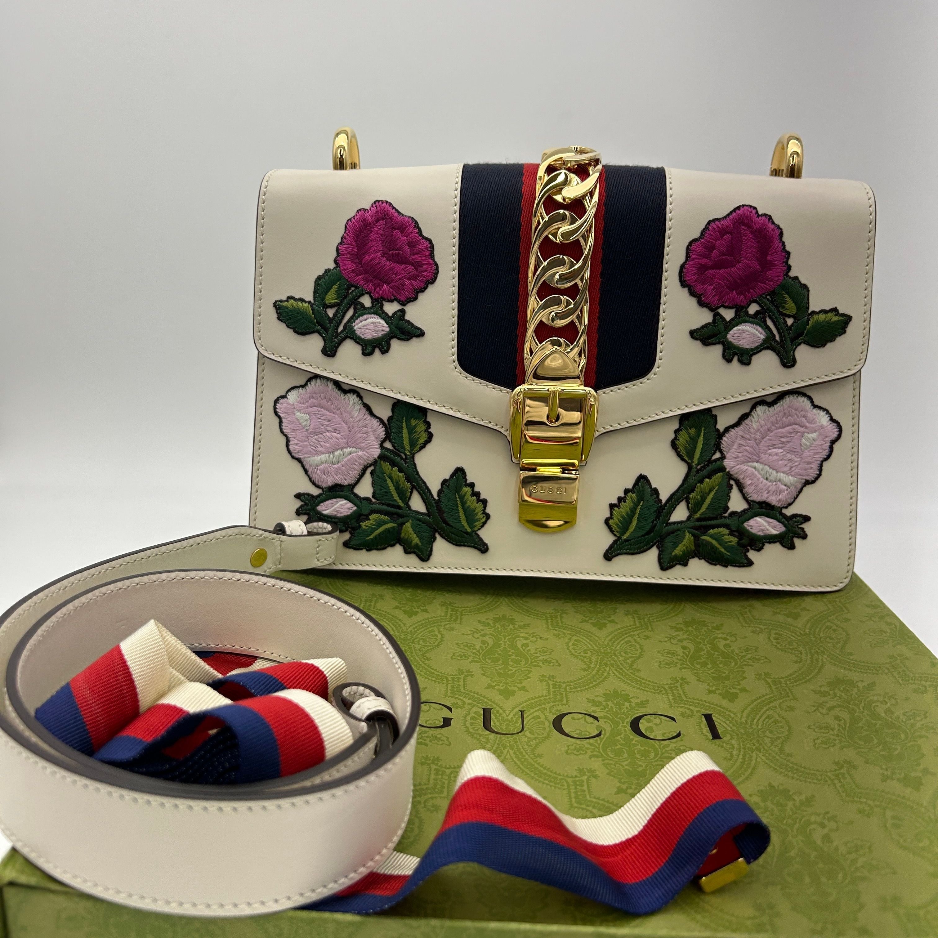 GUCCI SyLouis Vuittonie Shoulder Bag White Pink Multi Leather Floral Embroidery ITNS71BDBE3Q