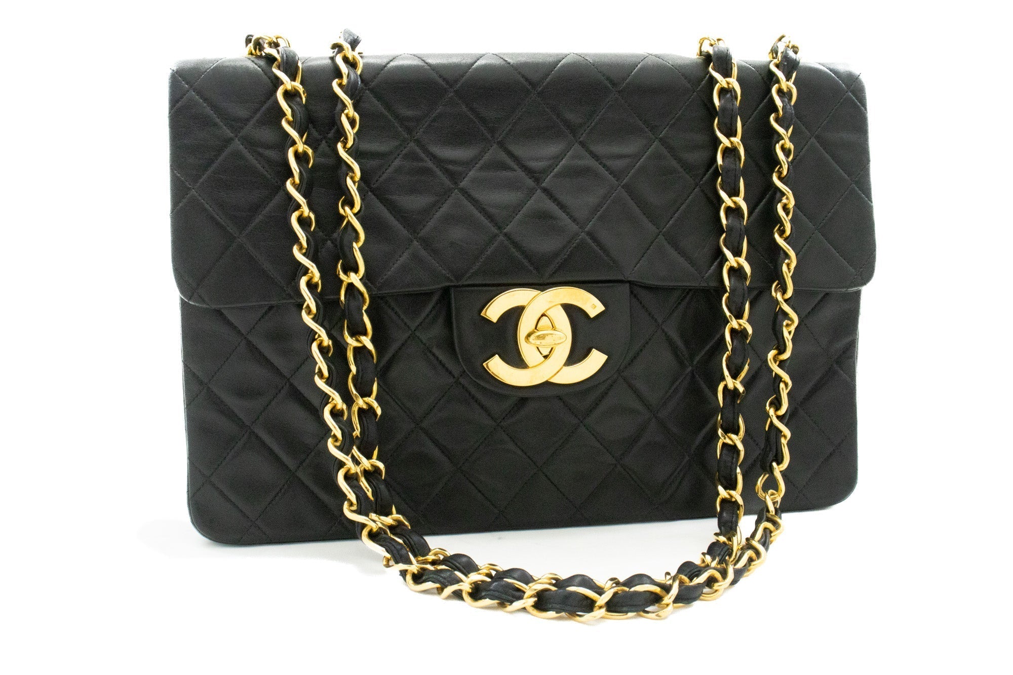 CHANEL Classic Large 13" Flap Chain Shoulder Bag Black Lambskin j58
