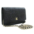 CHANEL Black Camellia Embossed Wallet On Chain WOC Shoulder Bag k53