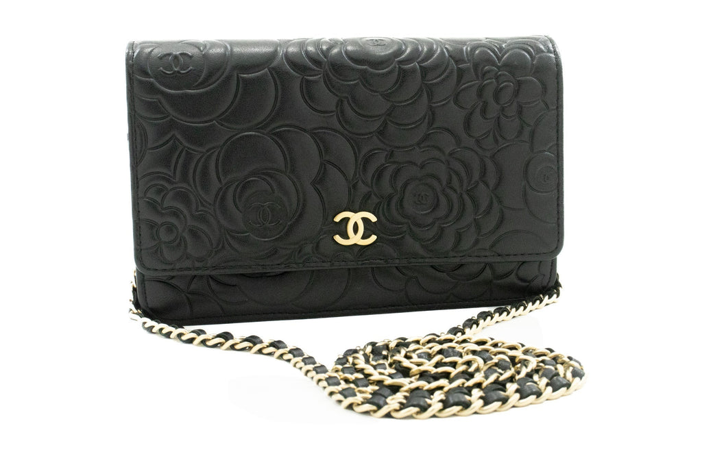 CHANEL Black Camellia Embossed Wallet On Chain WOC Shoulder Bag k53