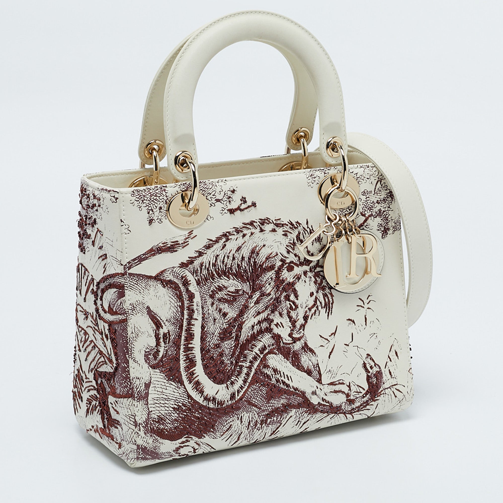 Dior Off White Leather Medium Embroidered Beads Lady Dior Tote