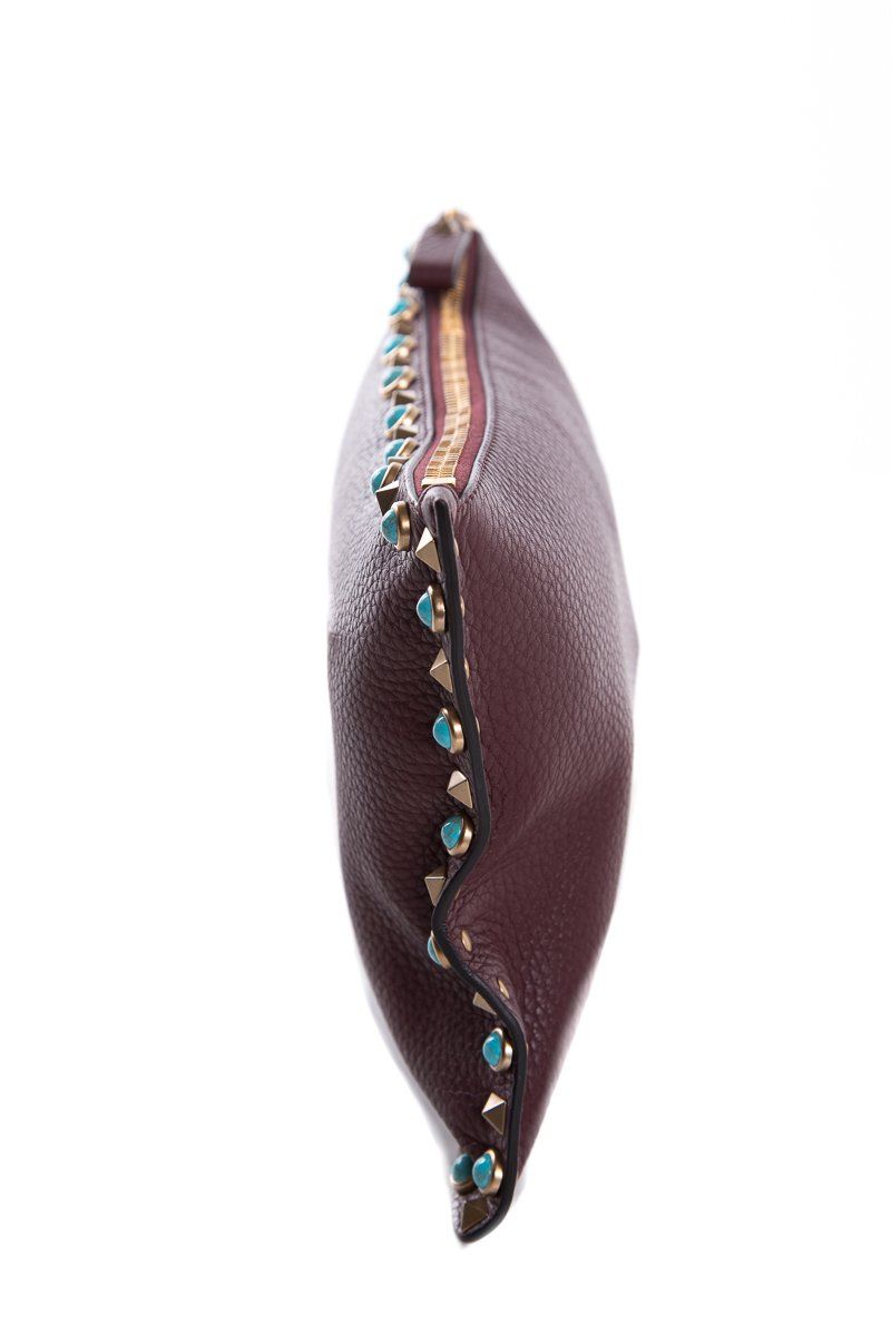 Valentino Plum Leather Rockstud Turquoise Accent Clutch