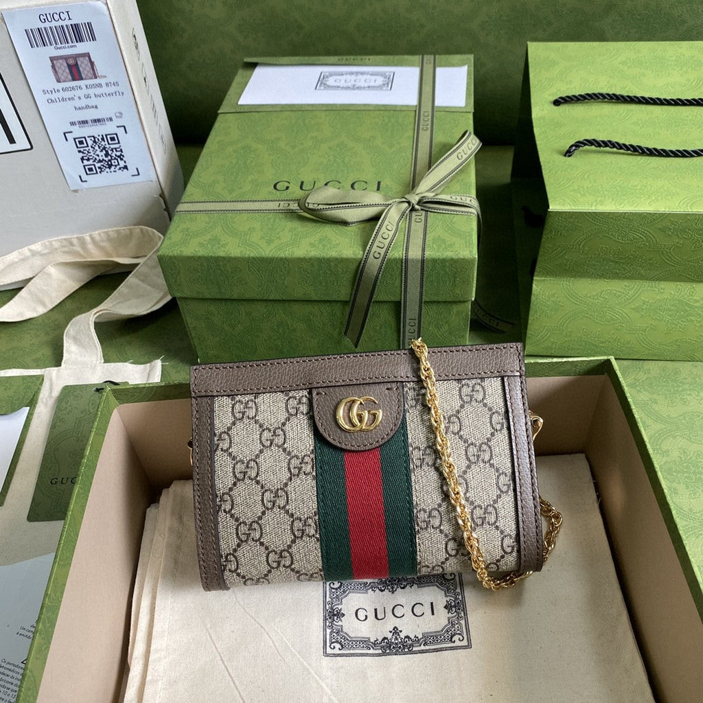 Gucci OphiDiora Mini Shoulder Bag Beige/Ebony Gucci Supreme Canvas Green And Red Web Detail Brown For Women 7.5in/19cm Gucci 602676 K05NB 8745
