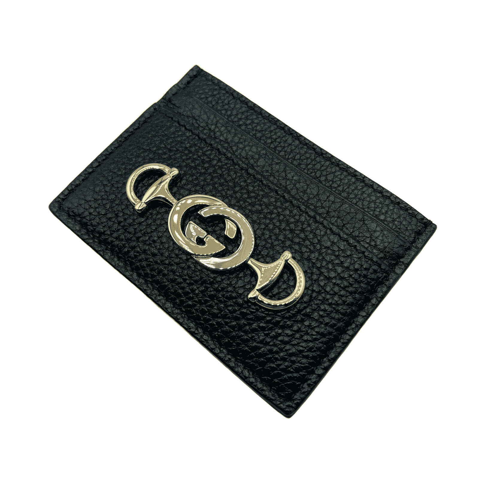 Gucci Zumi Black Leather Card Holder Wallet Metal GG Logo w/Box