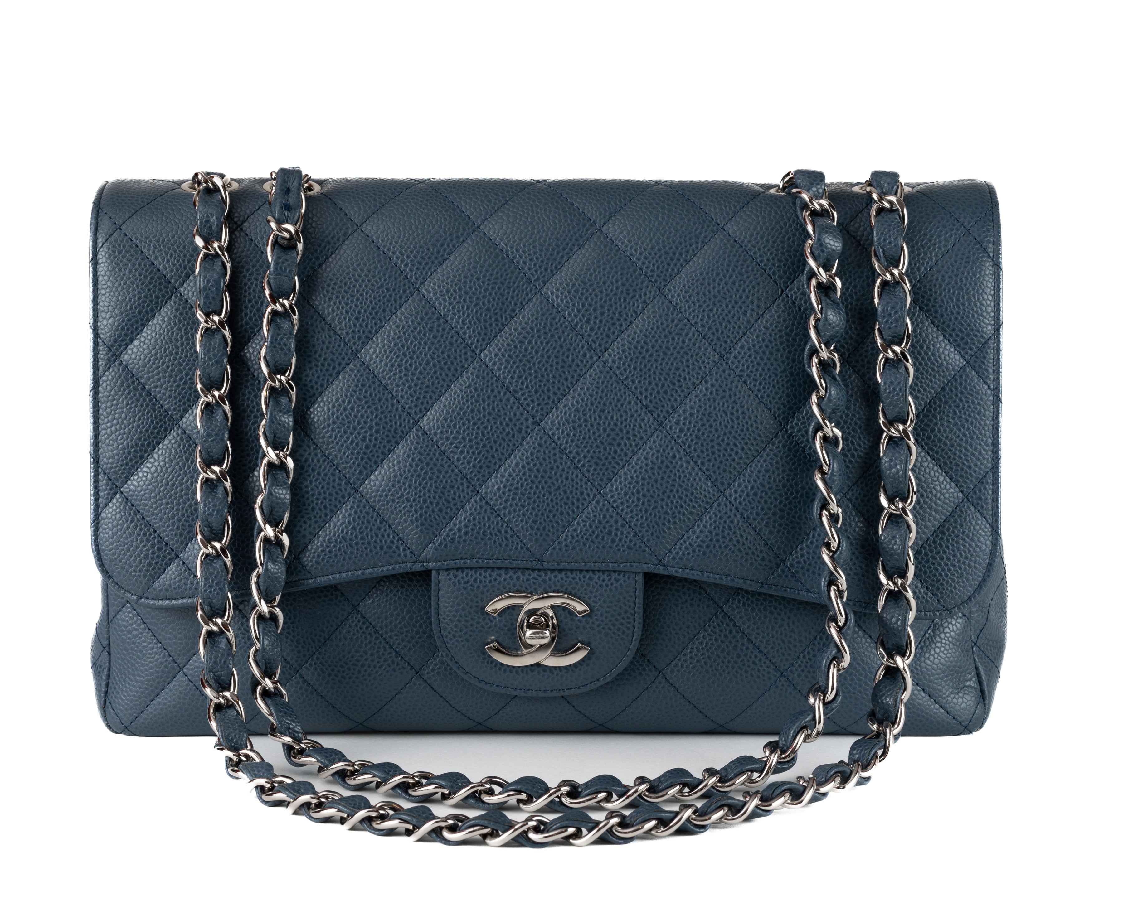 Chanel Navy Blue Caviar Jumbo Classic w/ SiLouis Vuittoner Hardware
