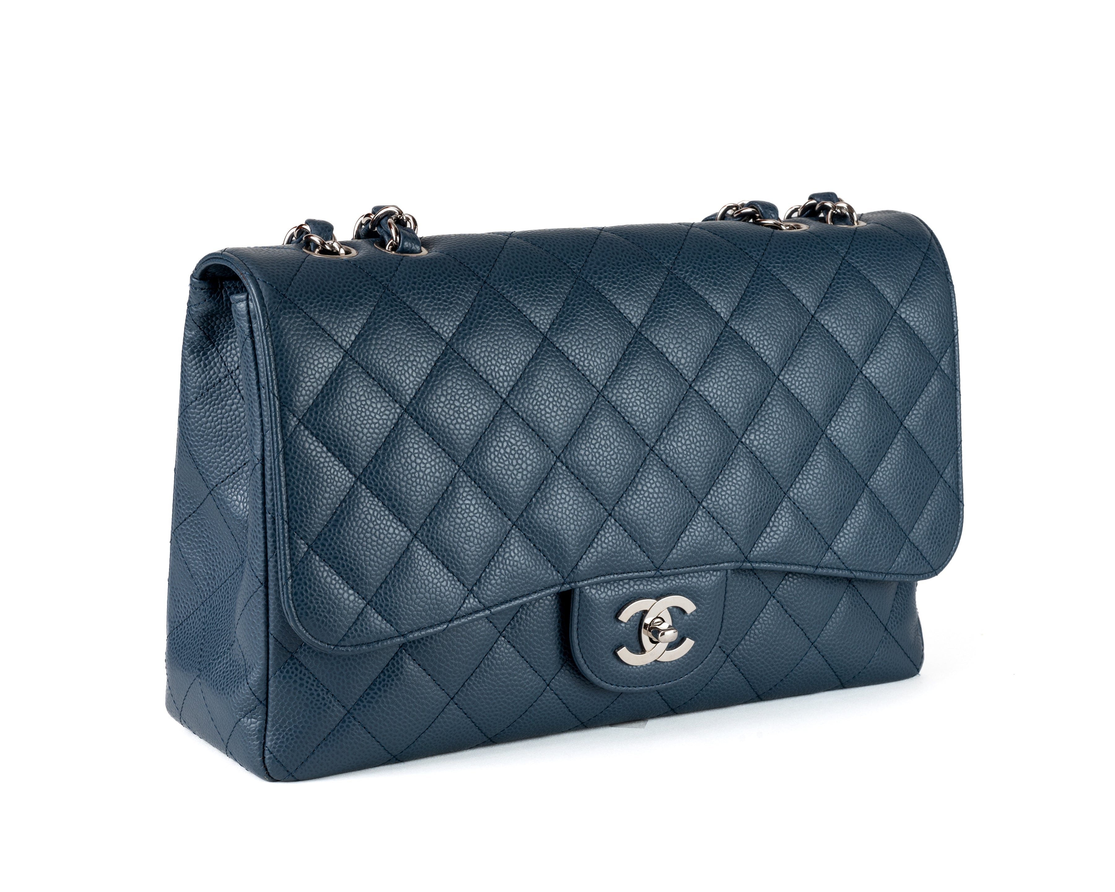 Chanel Navy Blue Caviar Jumbo Classic w/ SiLouis Vuittoner Hardware