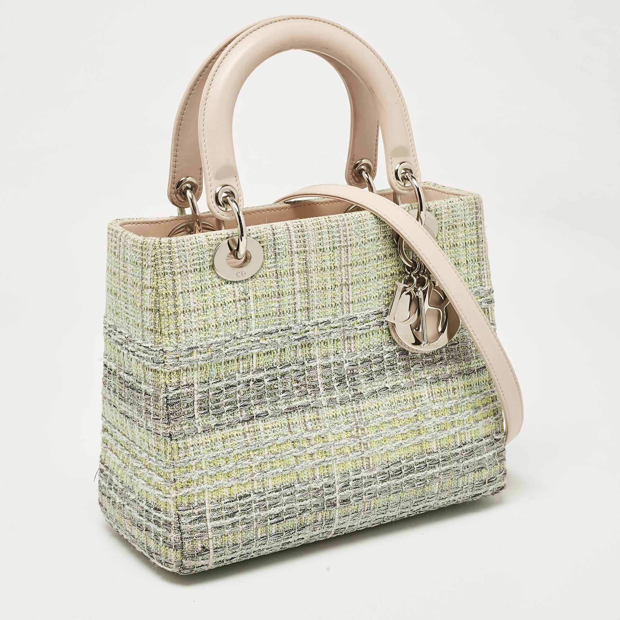 Dior Green/beige Leather And Tweed Medium Lady Dior Tote
