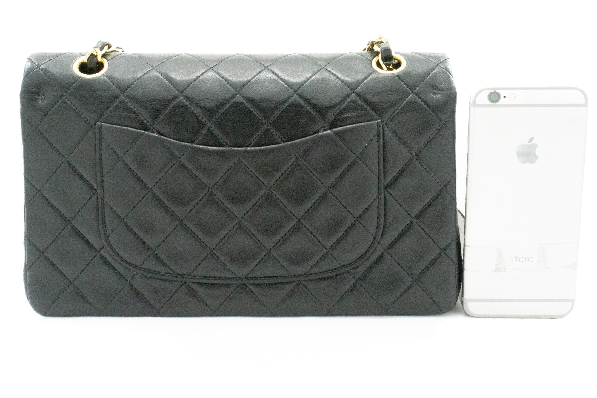 CHANEL Classic Double Flap 10" Chain Shoulder Bag Black Lambskin k66