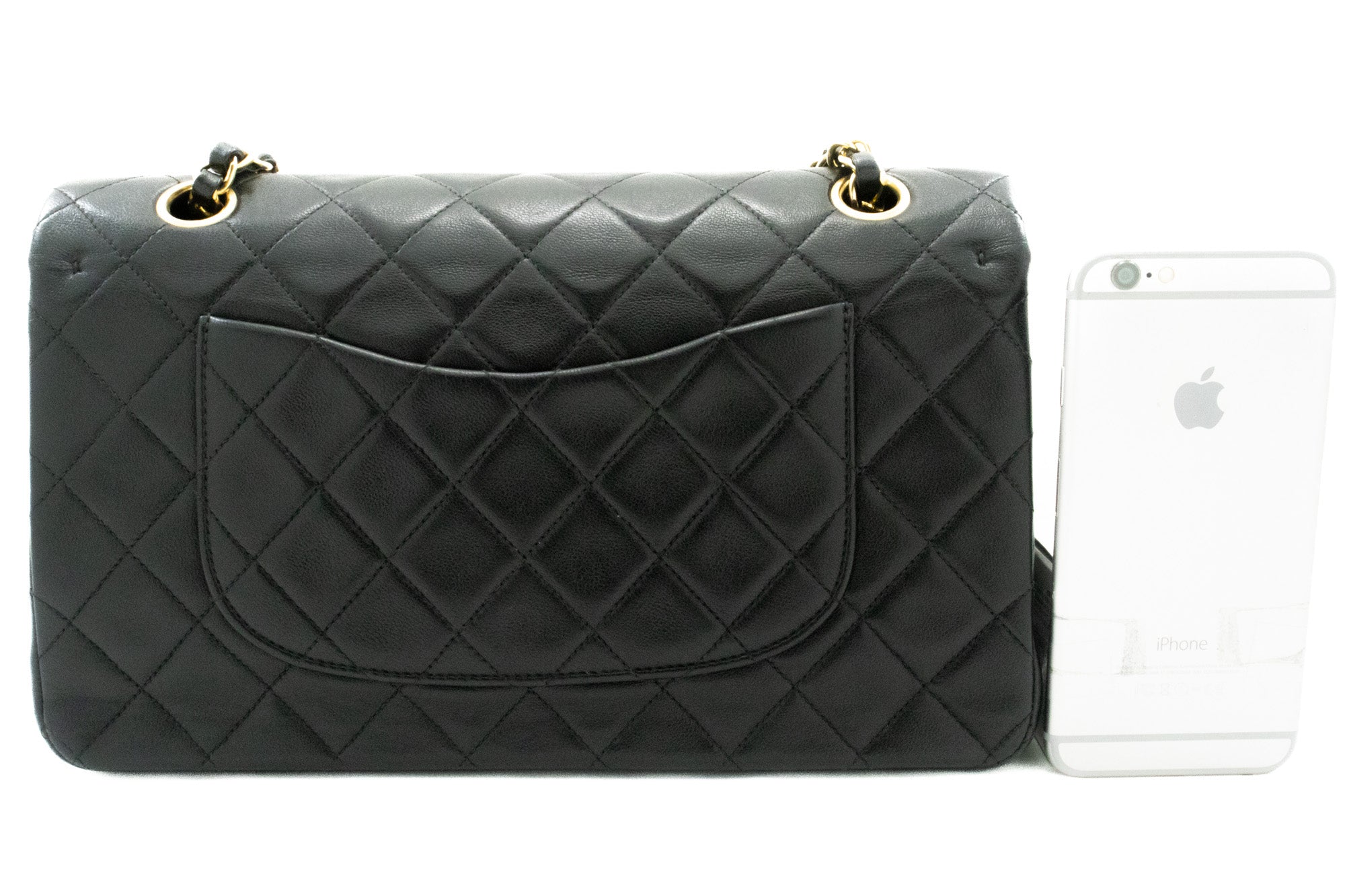 CHANEL Classic Double Flap 10" Chain Shoulder Bag Black Lambskin k63