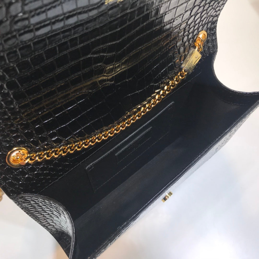 YSSL Kate Medium Chain Bag With Tassel In Embossed Crocodile Black For Women 9in/24cm YSL 354119DND0J1000