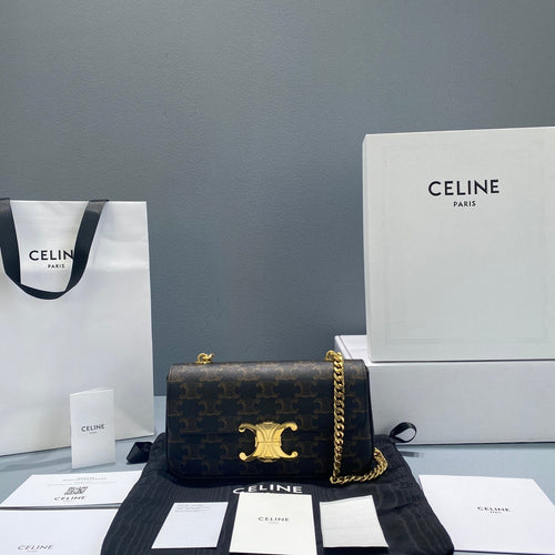 Celine Chain Shoulder Bag Triomphe In Triomphe Canvas Brown For Women 8in/20.5cm 197992DQW.04LU