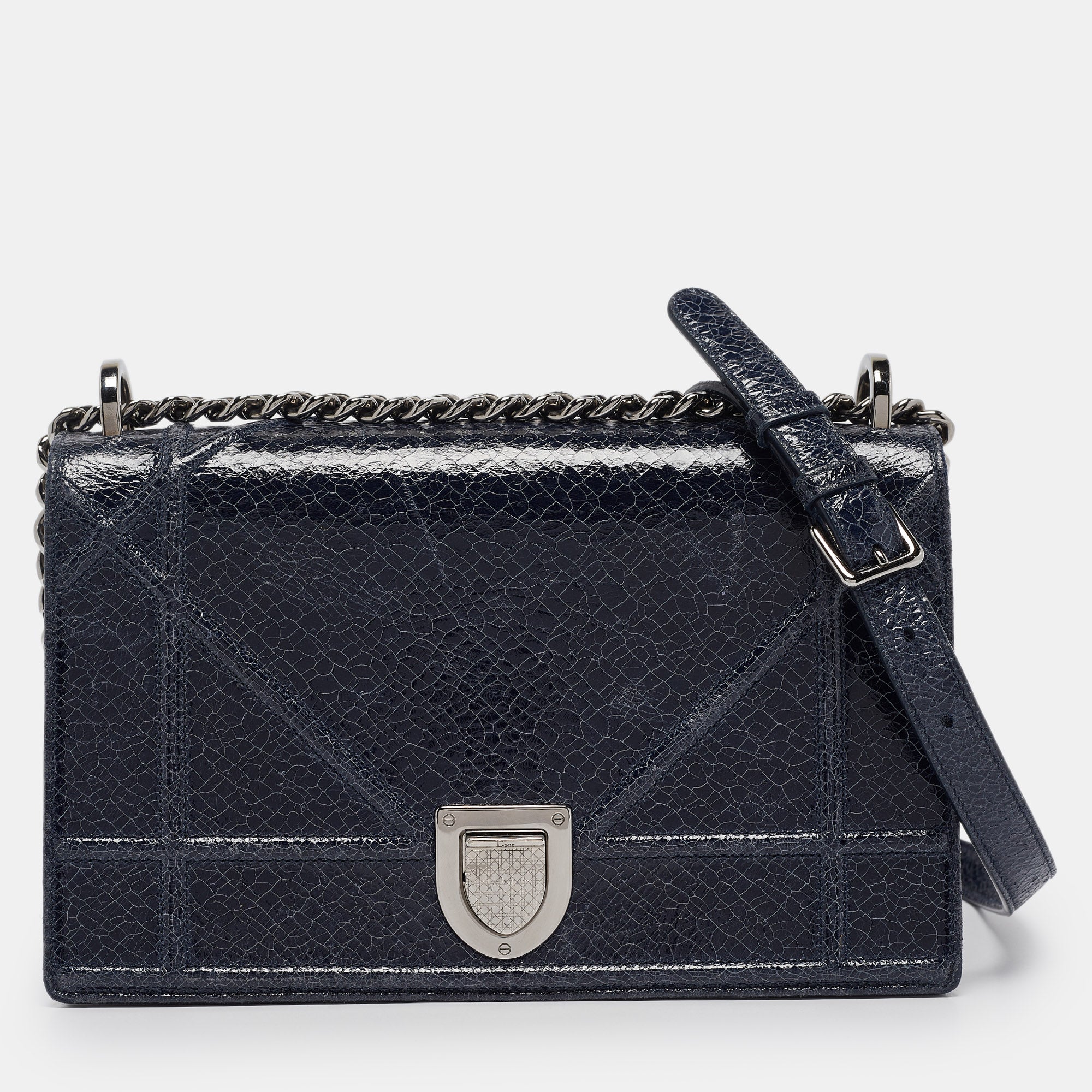 Dior Navy Blue Crinkled  Leather Medium Diorama Shoulder Bag
