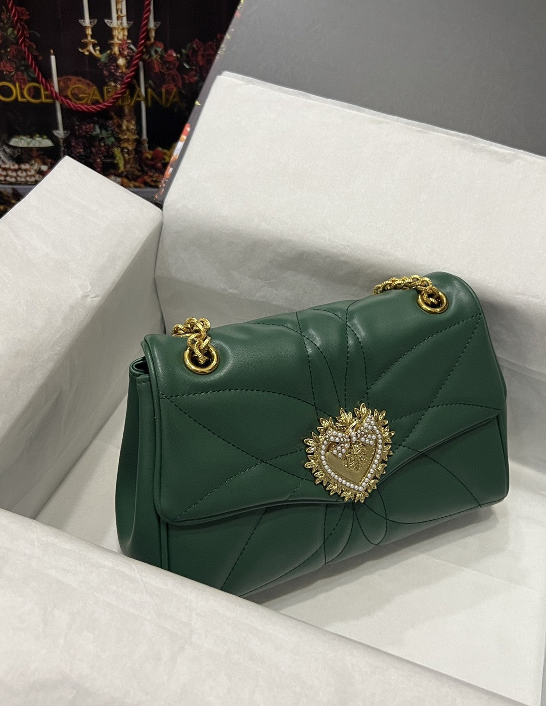 Large Devotion Shoulder Bag In Quilted Nappa Green For Women 11.4in/29cm GLAMI