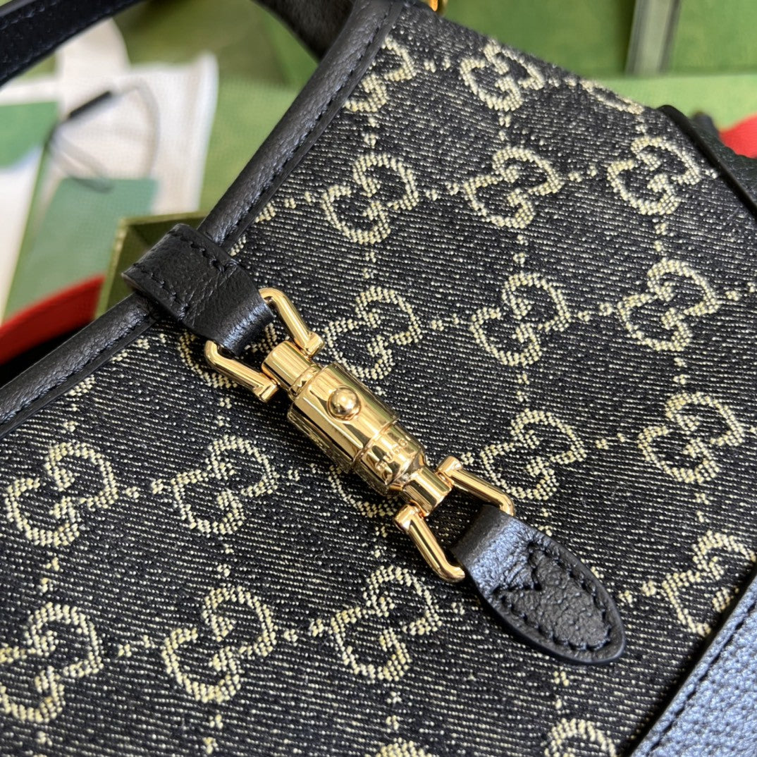 Gucci Jackie 1961 Mini Shoulder Bag Black And Ivory Gucci Denim Jacquard For Women 7.5in/19cm Gucci 685127 UN3AG 1294
