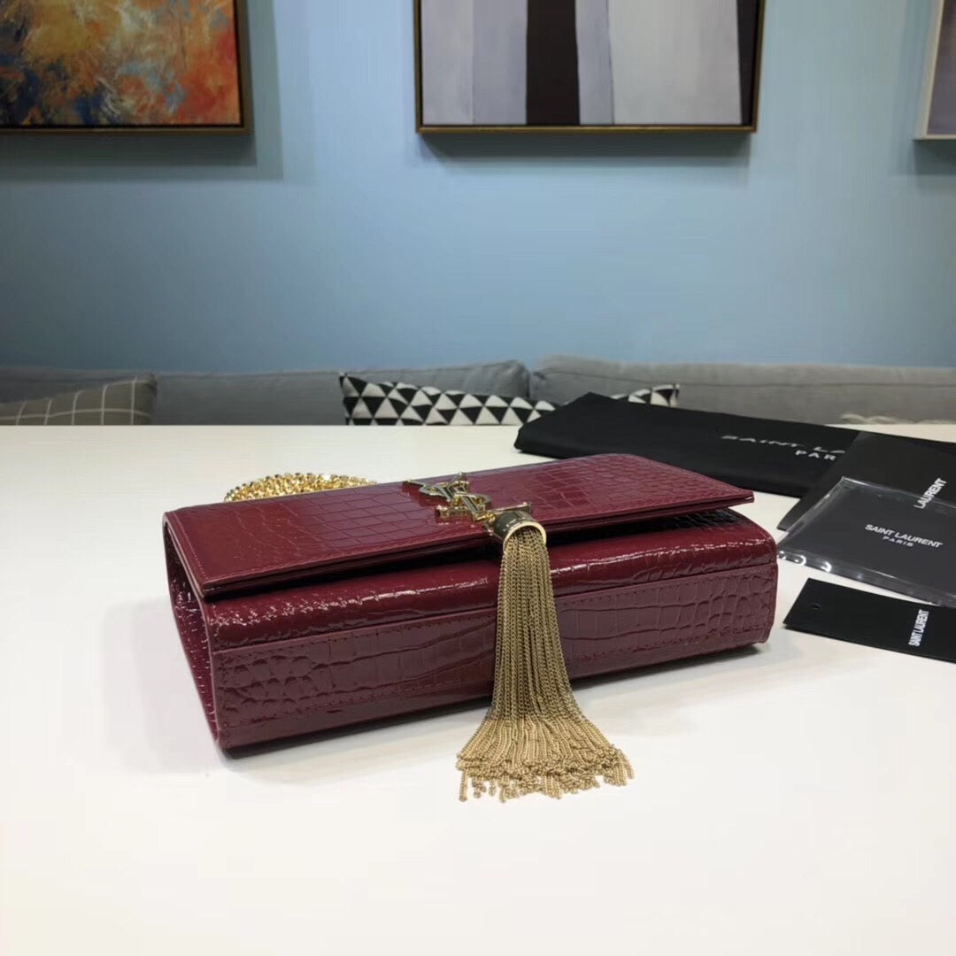Top Quality Kate Small Chain Bag With Tassel In Embossed Burgundy For Women 7.8in/20cm YSLÂ 