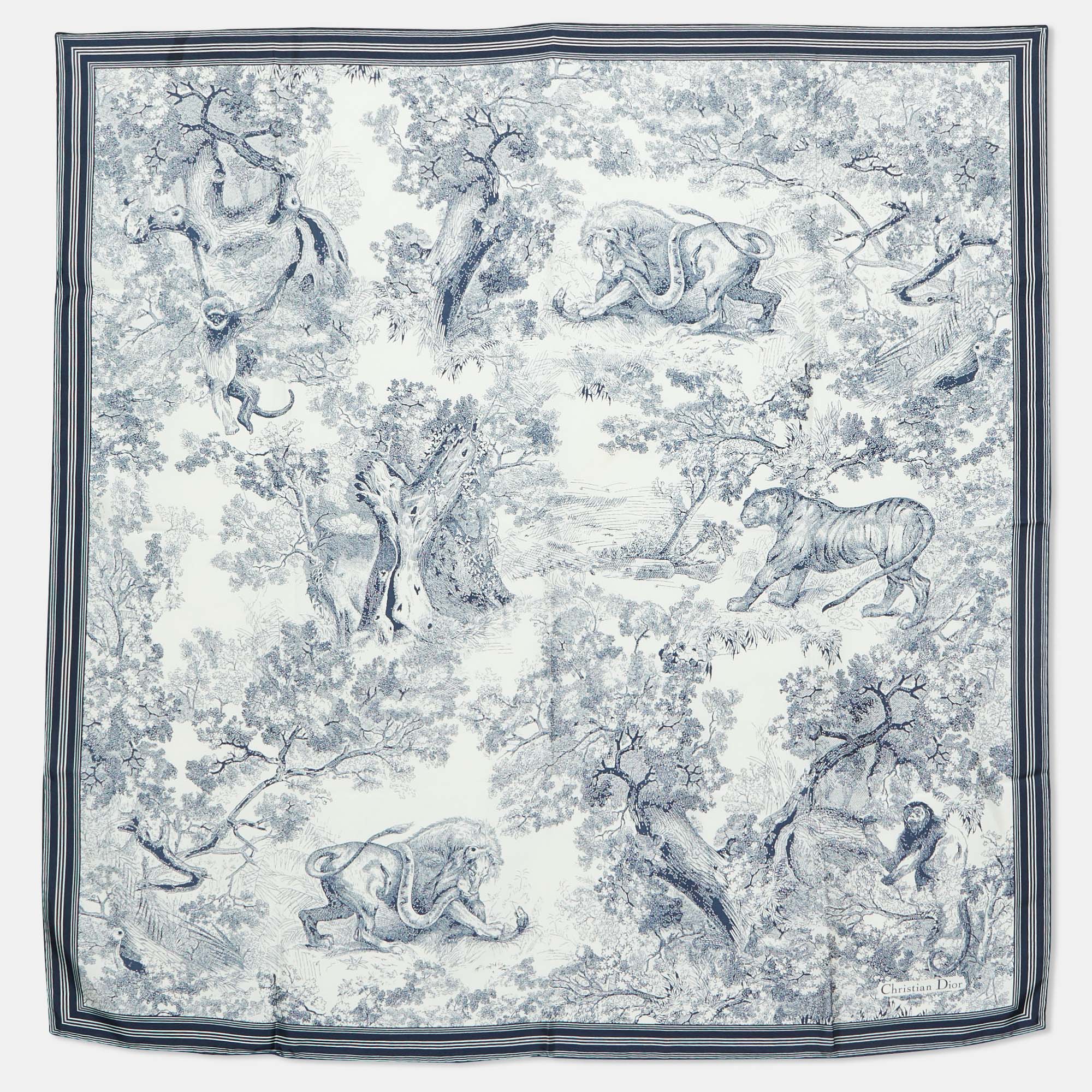 Dior Navy Blue/white Toile De Jouy Sauvage Silk Square Scarf