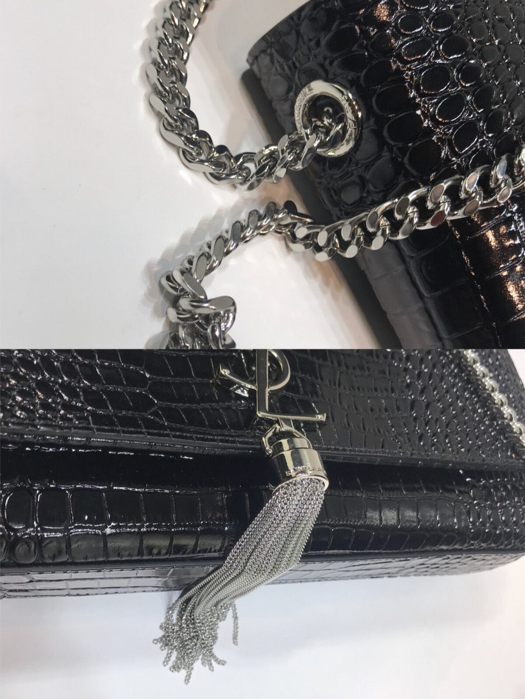 YSSL Kate Medium Chain Bag With Tassel In Embossed Crocodile Black For Women 9in/24cm YSL 354119DND0N1000