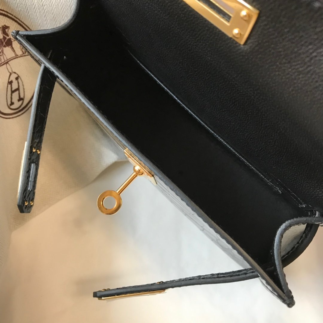 Mini Kelly 19 Black CrocoGLAMIle Bag For Women, Handbags, Shoulder Bags 7.5in/19cm