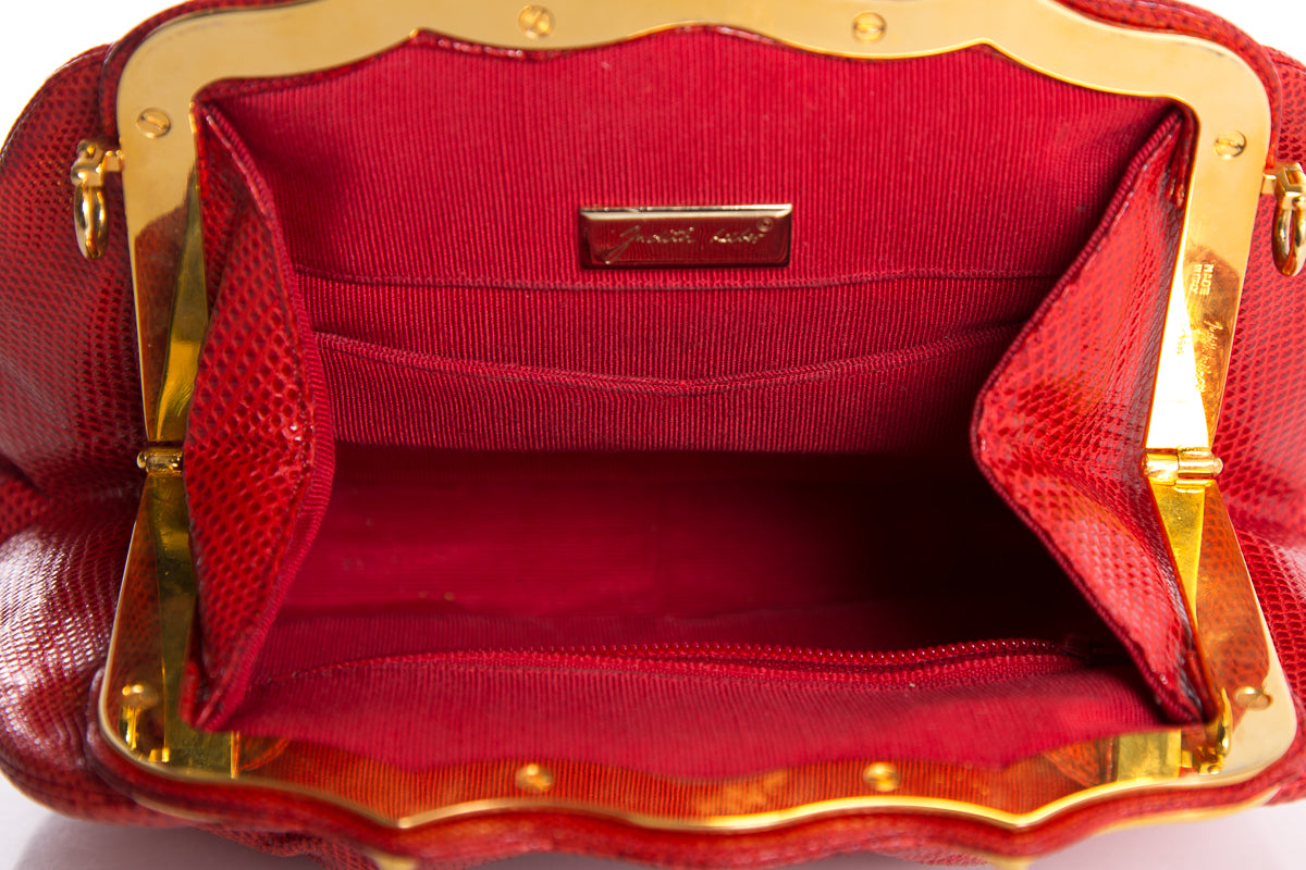 Judith Leiber Red Karung Snake Rose Quartz Clasp Clutch
