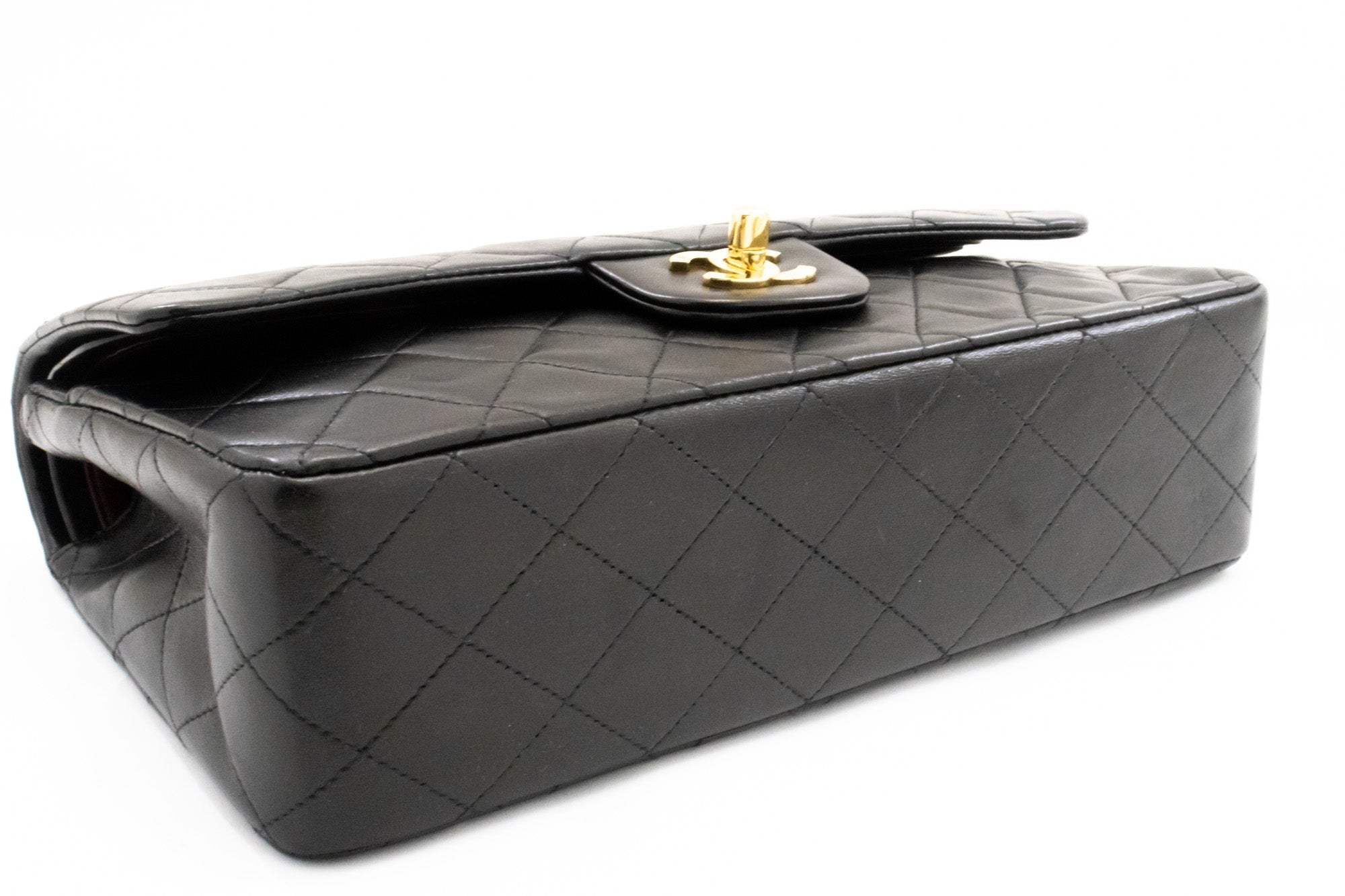 CHANEL Classic Double Flap 10" Chain Shoulder Bag Black Lambskin k74