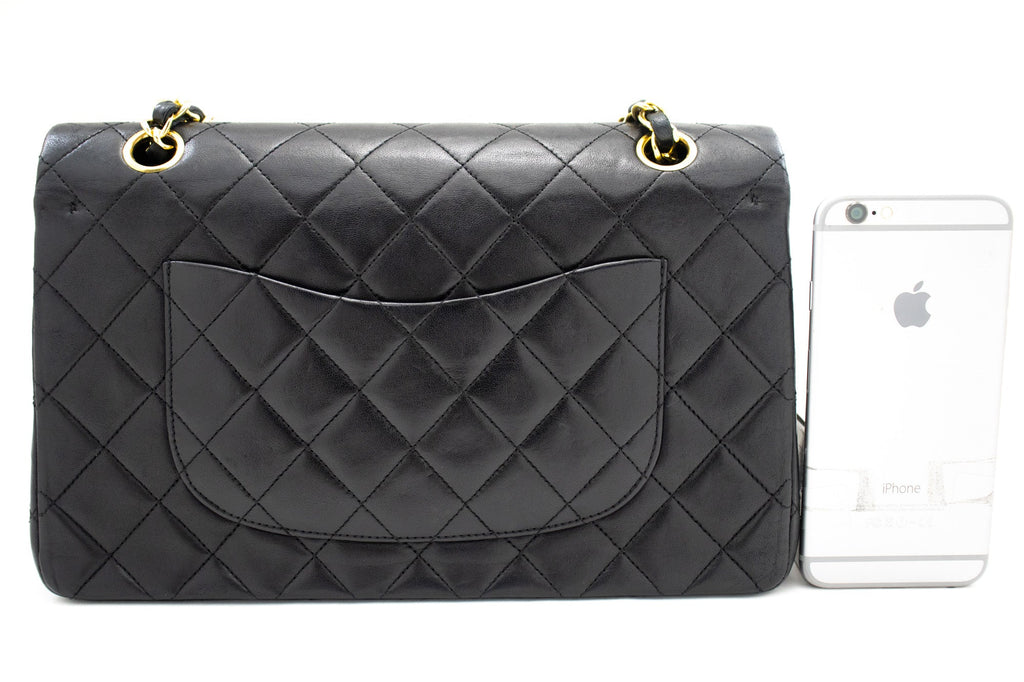 CHANEL Classic Double Flap 10" Chain Shoulder Bag Black Lambskin k69