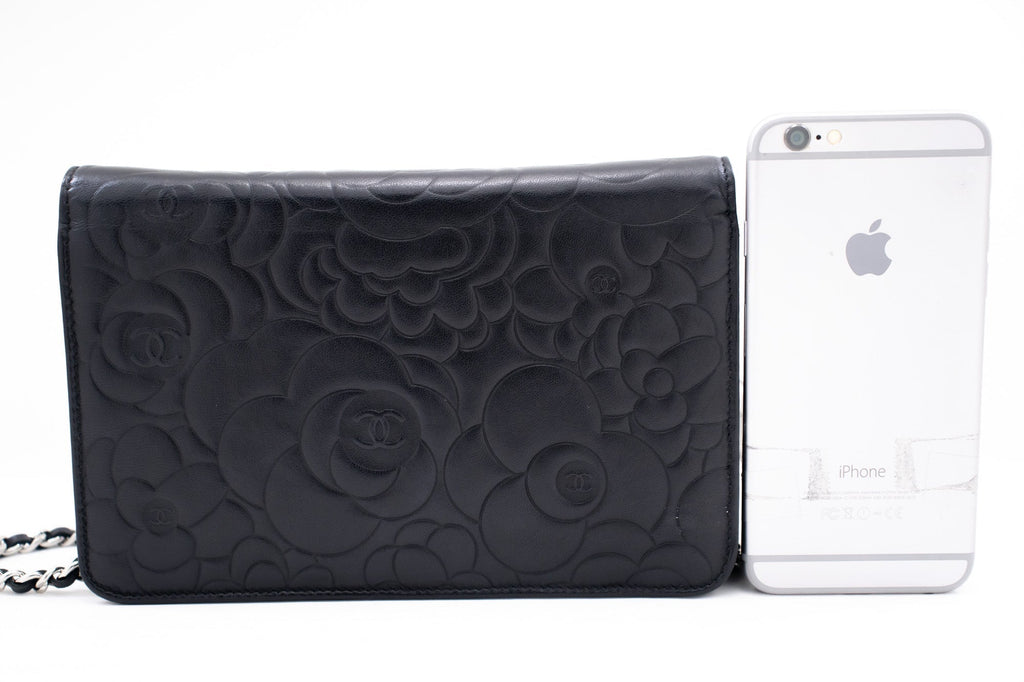 CHANEL Black Camellia Embossed Wallet On Chain WOC Shoulder Bag k68