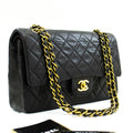 CHANEL Classic Double Flap 10" Chain Shoulder Bag Black Lambskin k71