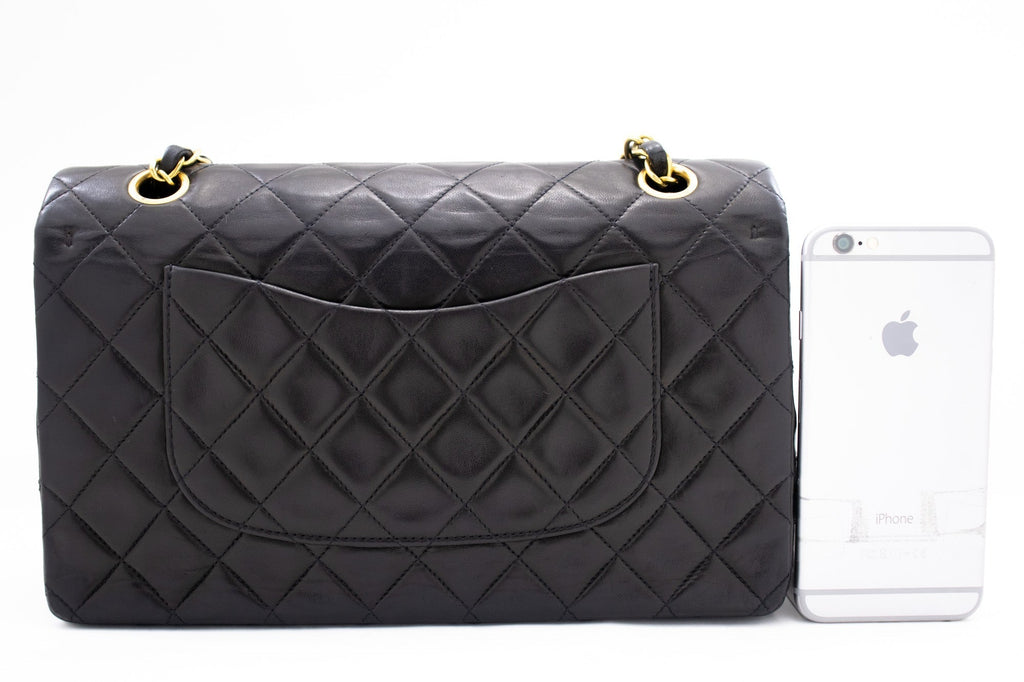 CHANEL Classic Double Flap 10" Chain Shoulder Bag Black Lambskin k71