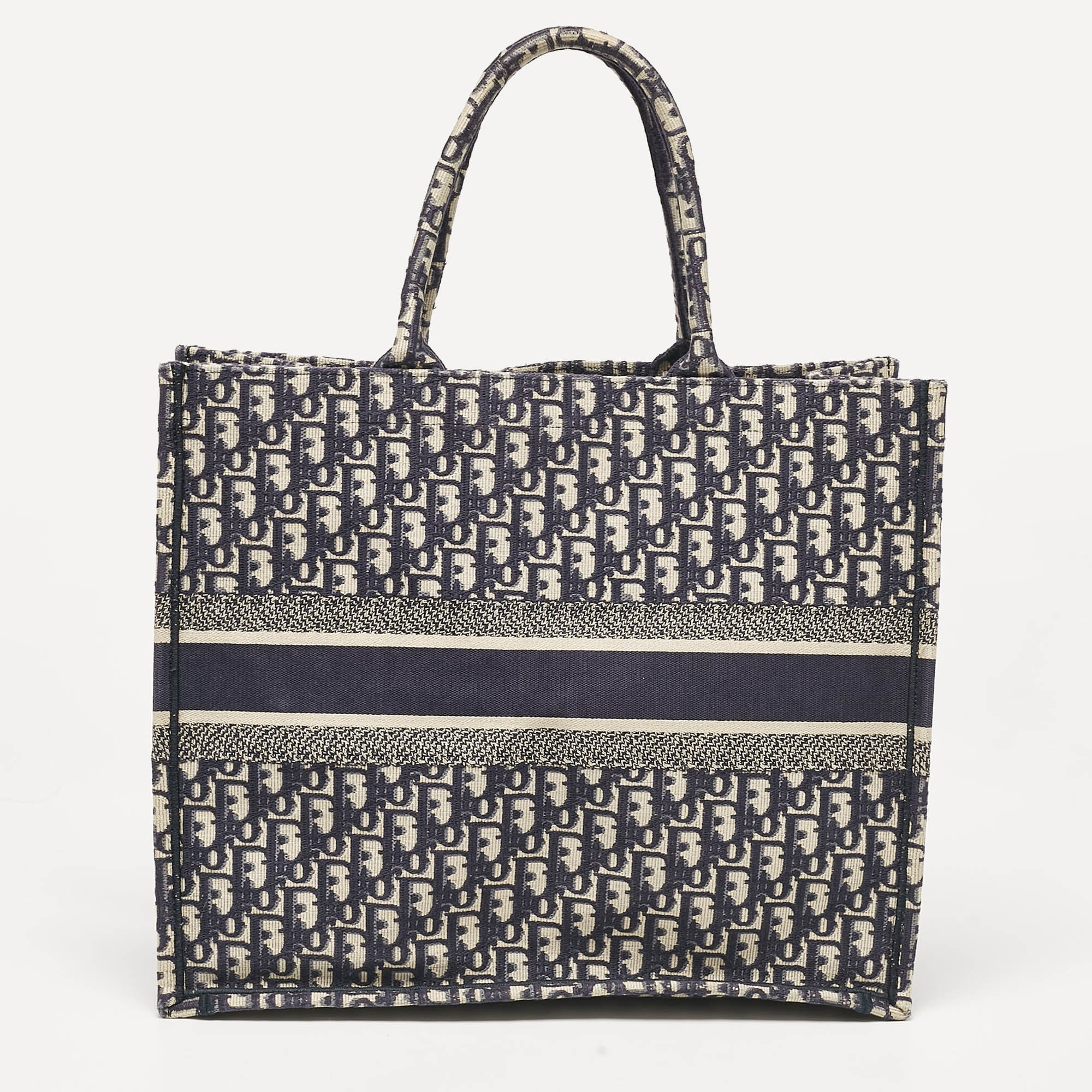 Dior Navy Blue Oblique Embroidered Canvas Large Book Tote